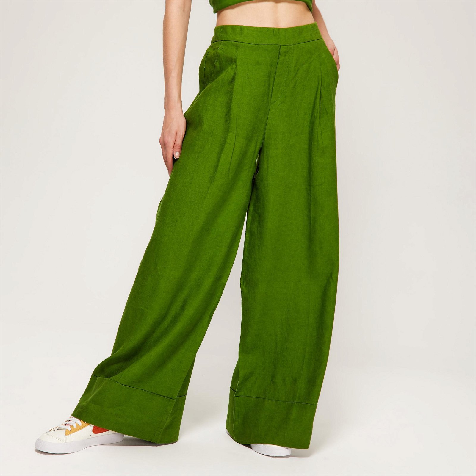 Benetton Plazzo Beli Lastikli Keten Geniş Kesim Kadın Yeşil Pantolon