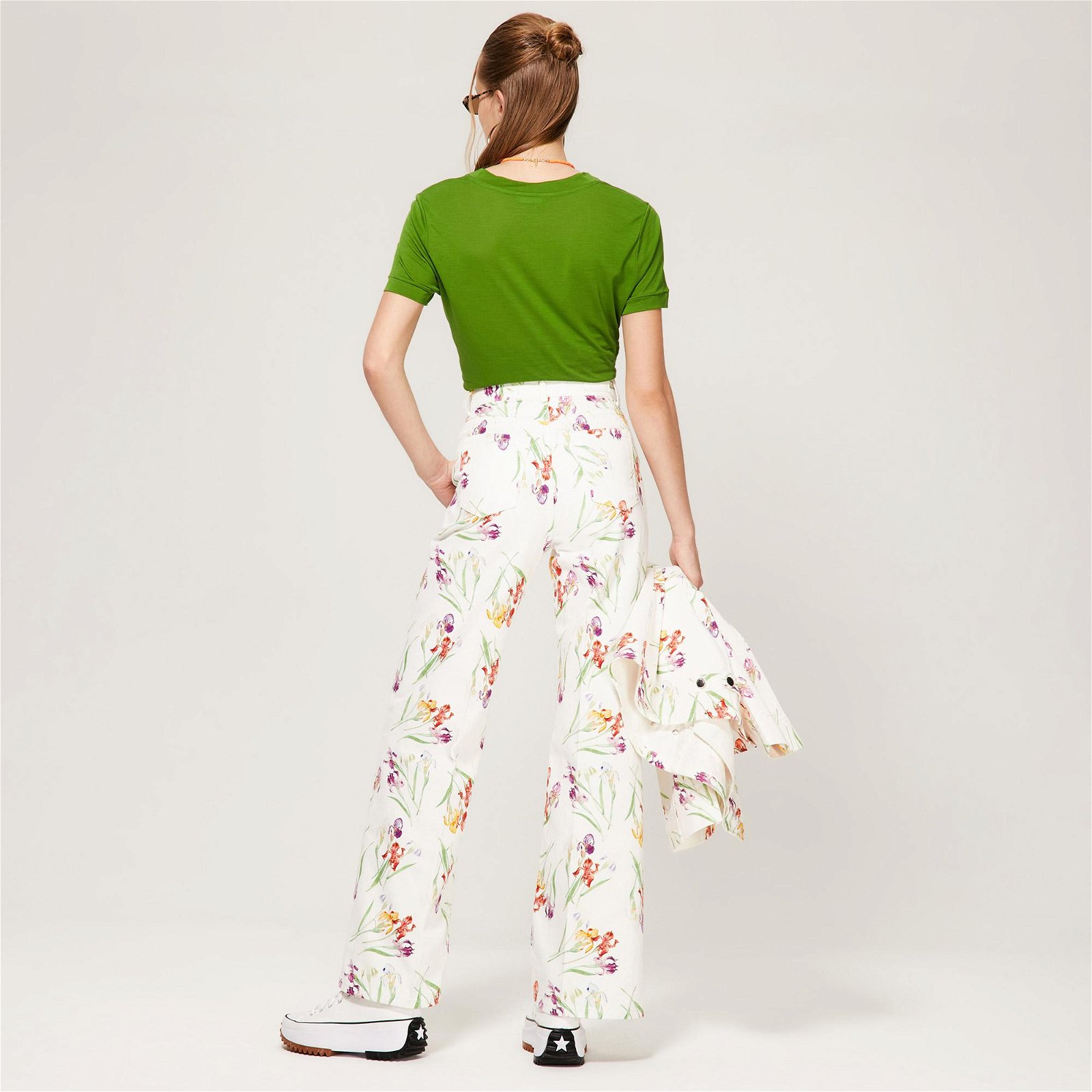Benetton Çiçek Desenli Geniş Kesim Bull Denim Kadın Beyaz Jean