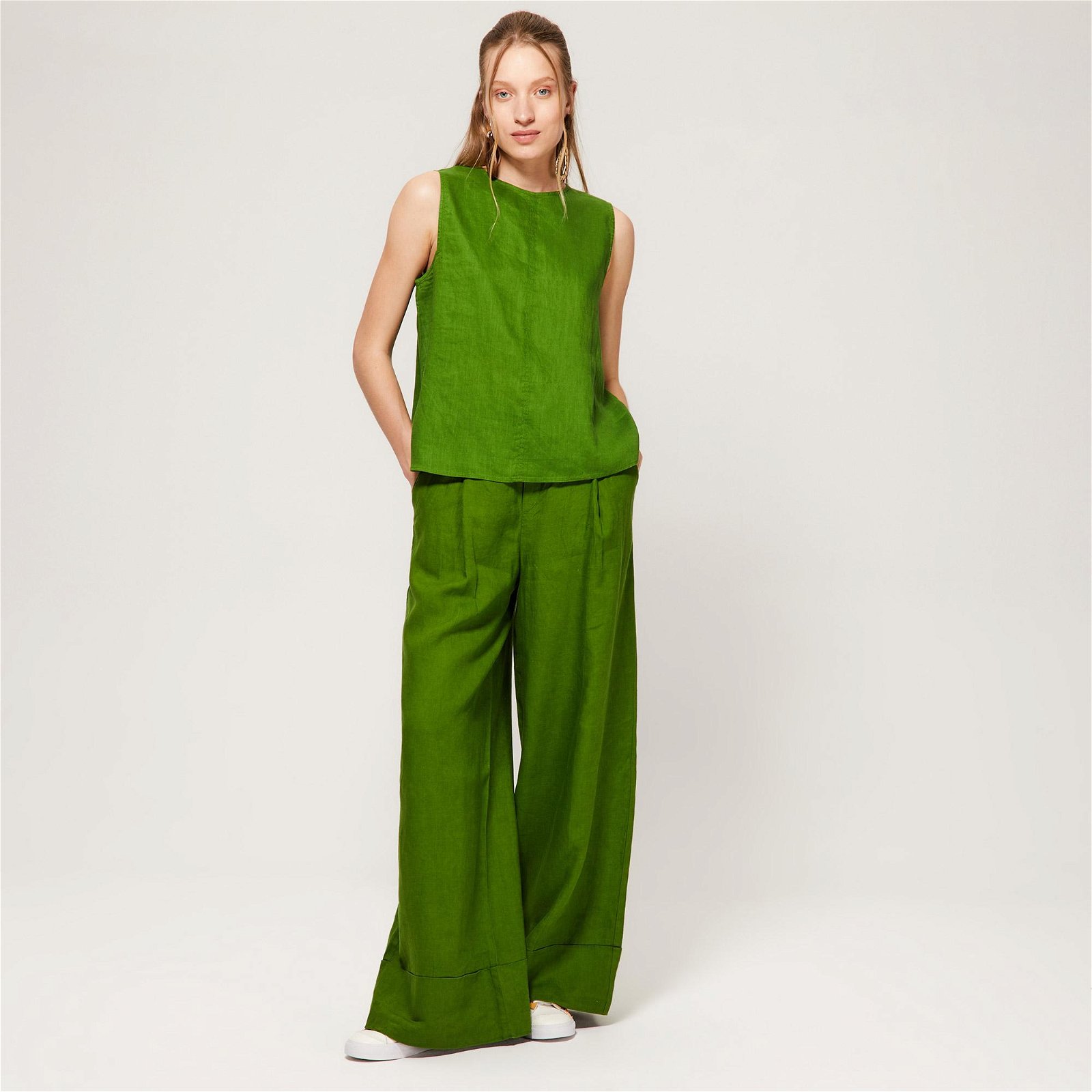 Benetton Kolsuz Keten Kadın Yeşil Bluz