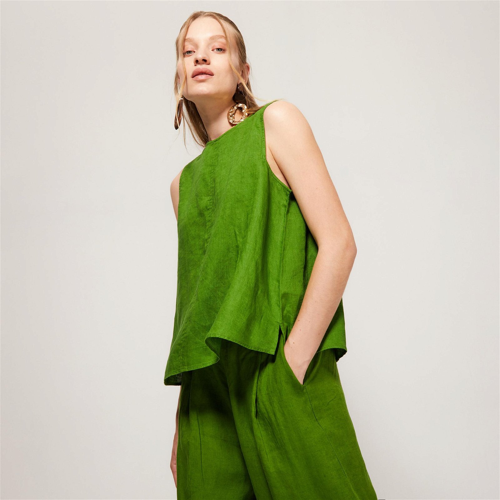 Benetton Kolsuz Keten Kadın Yeşil Bluz