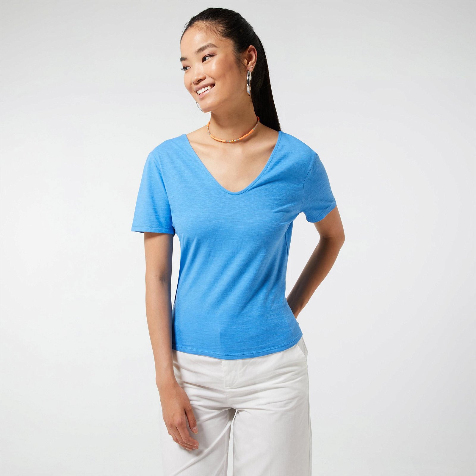 Benetton Sırt Detaylı Slub Kadın Mavi T-Shirt