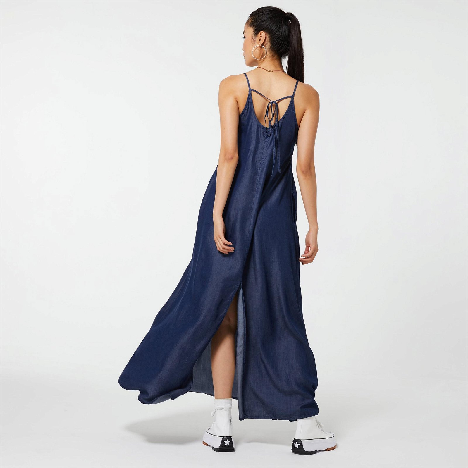 Benetton Yırtmaçlı Tencel Kadın Lacivert Elbise