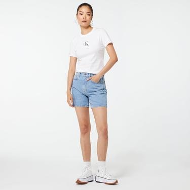  Calvin Klein Monogram Logo Slim Fit Kadın Beyaz T-Shirt