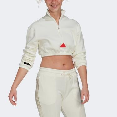  adidas Cropped Half-Zip Kapüşonlu Kadın Beyaz Sweatshirt