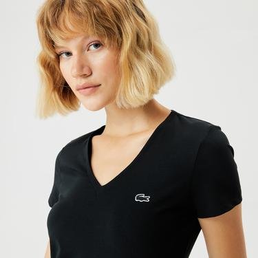  Lacoste Kadın Slim Fit V Yaka Siyah T-Shirt