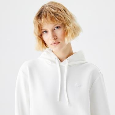  Lacoste Kadın Regular Fit Kapüşonlu Baskılı Beyaz Sweatshirt