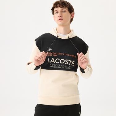  Lacoste Erkek Regular Fit Ayarlanabilir Kapüşonlu Renk Bloklu Baskılı Bej Sweatshirt