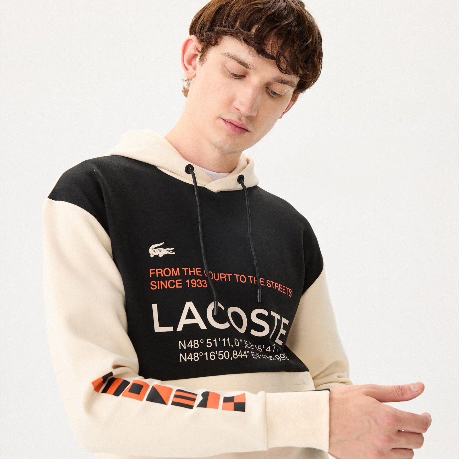 Lacoste Erkek Regular Fit Ayarlanabilir Kapüşonlu Renk Bloklu Baskılı Bej Sweatshirt