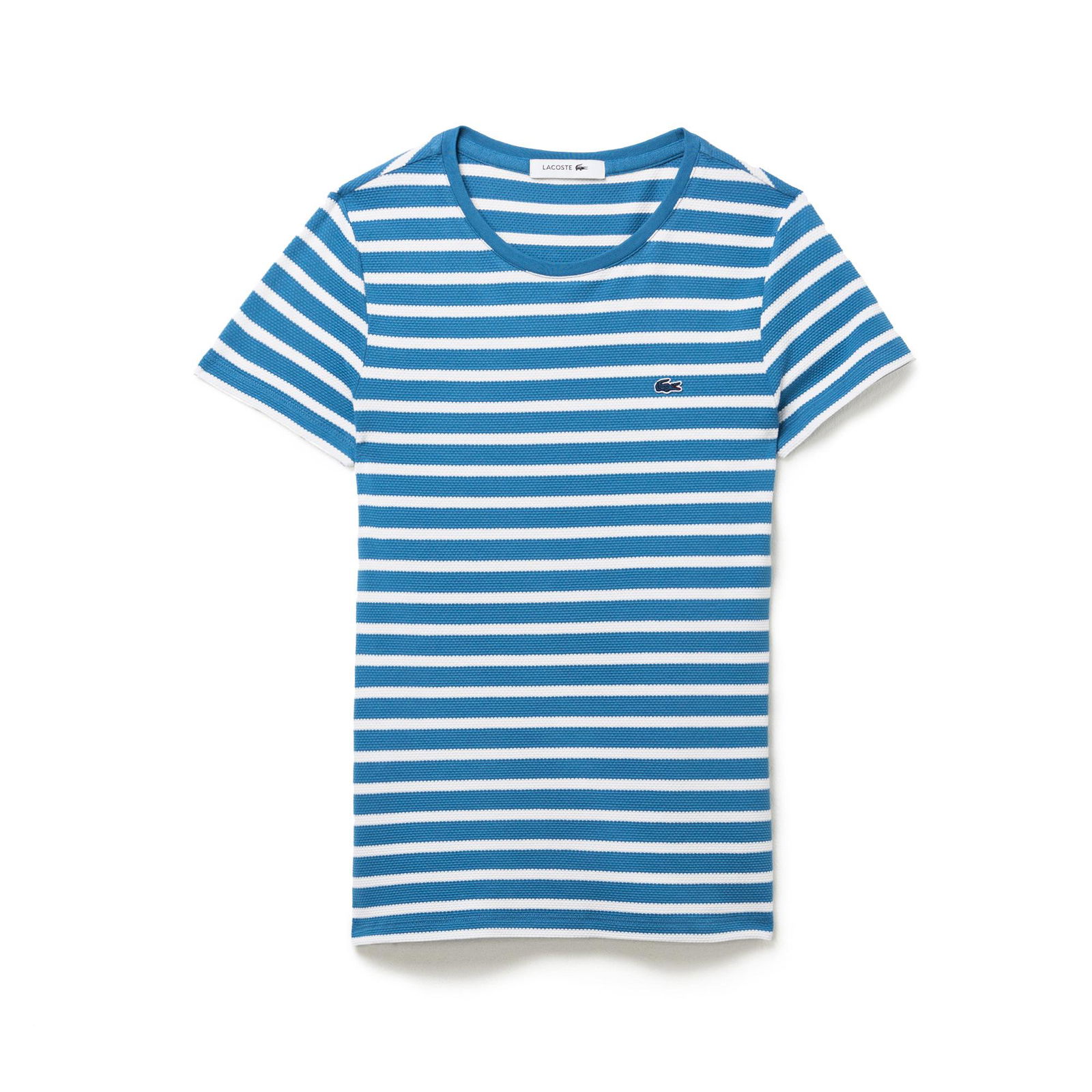 Lacoste Kadın Slim Fit Bisiklet Yaka Çizgili Mavi T-Shirt
