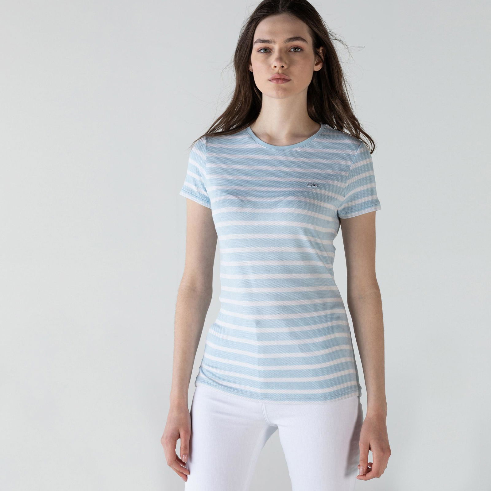 Lacoste Kadın Slim Fit Bisiklet Yaka Çizgili Mavi T-Shirt