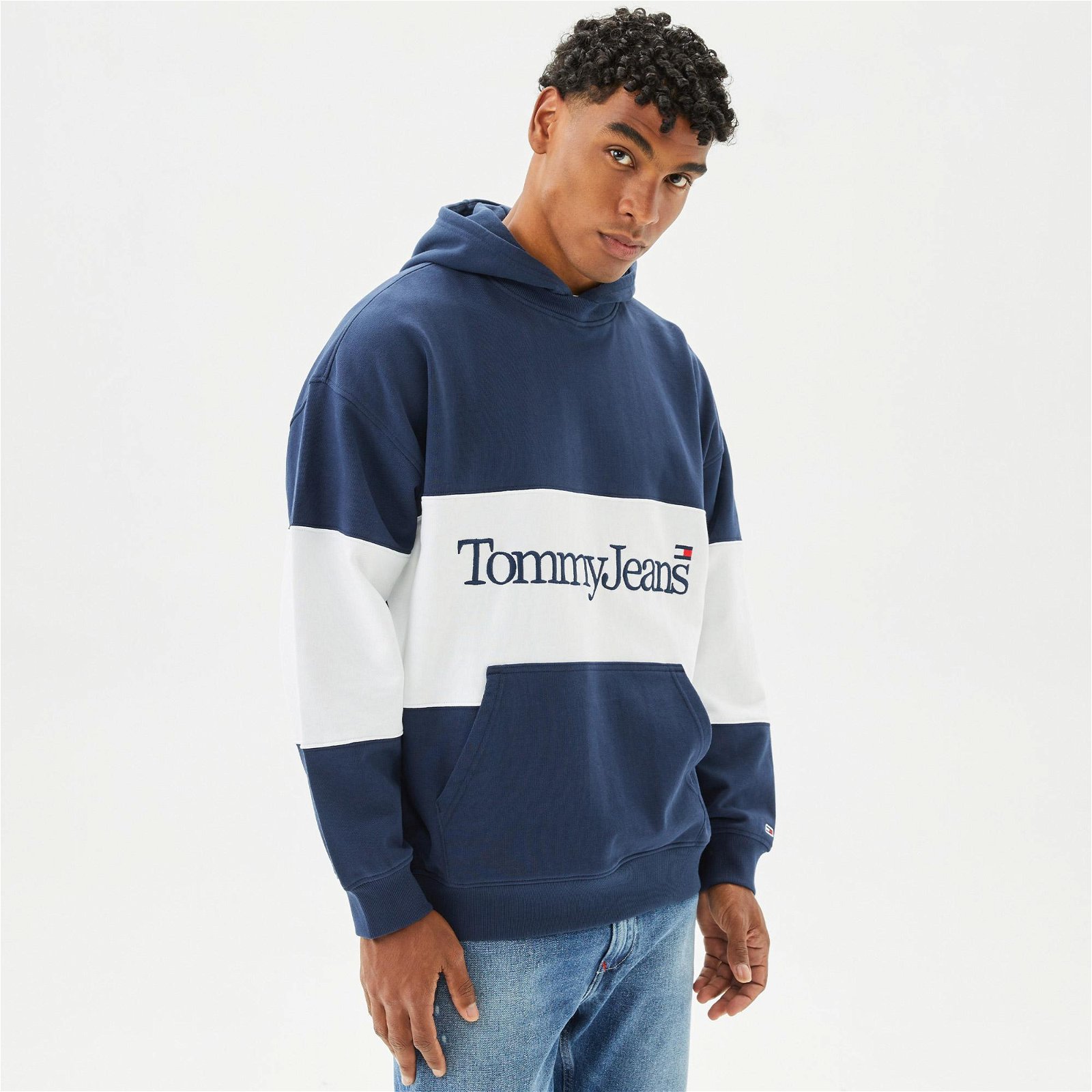 Tommy Jeans Skater Serif Linear Hoodie Erkek Mavi Sweatshirt