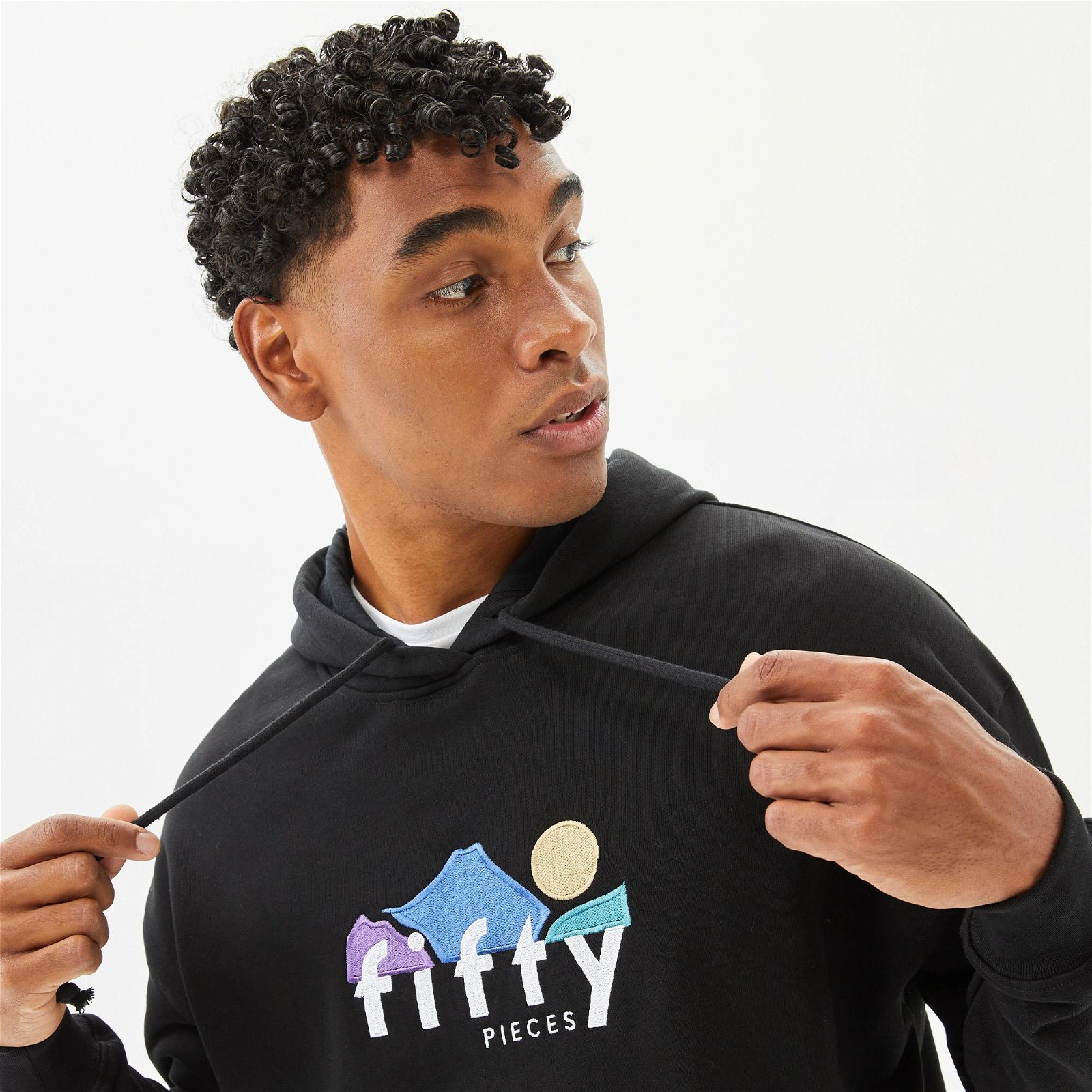 Fifty Pieces Erkek Siyah Düşük Omuzlu Hoodie Sweatshirt