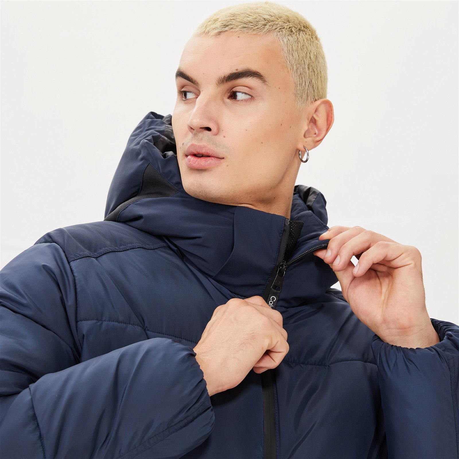 Calvin Klein Mix Media Quilt Hood Erkek Mavi Ceket