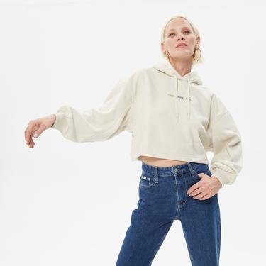  Calvin Klein Polar Fleece Kadın Bej Hoodie Sweatshirt