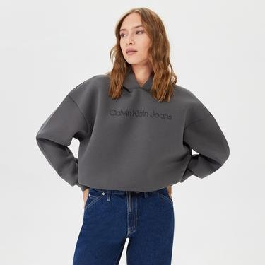  Calvin Klein Embroidery Spacer Kadın Gri Hoodie Sweatshirt
