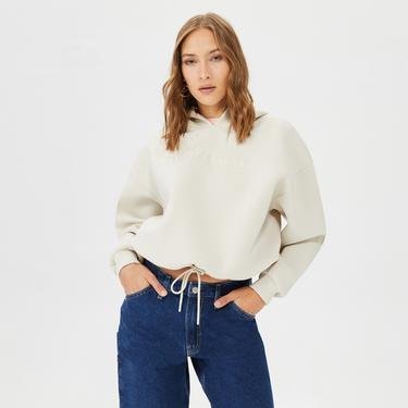  Calvin Klein Embroidery Spacer Kadın Bej Hoodie Sweatshirt
