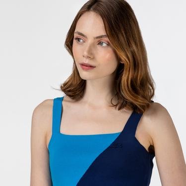  Lacoste Kadın Askılı Renk Bloklu Lacivert Triko Bluz