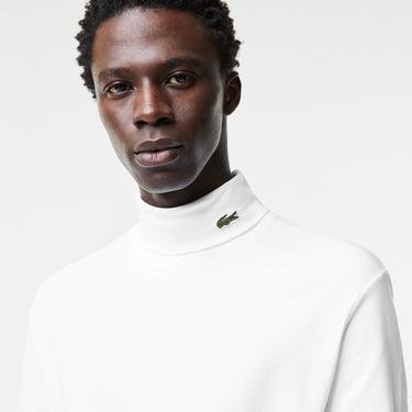  Lacoste Erkek Regular Fit Uzun Kollu Boğazlı Yaka Organik Pamuk Beyaz T-Shirt