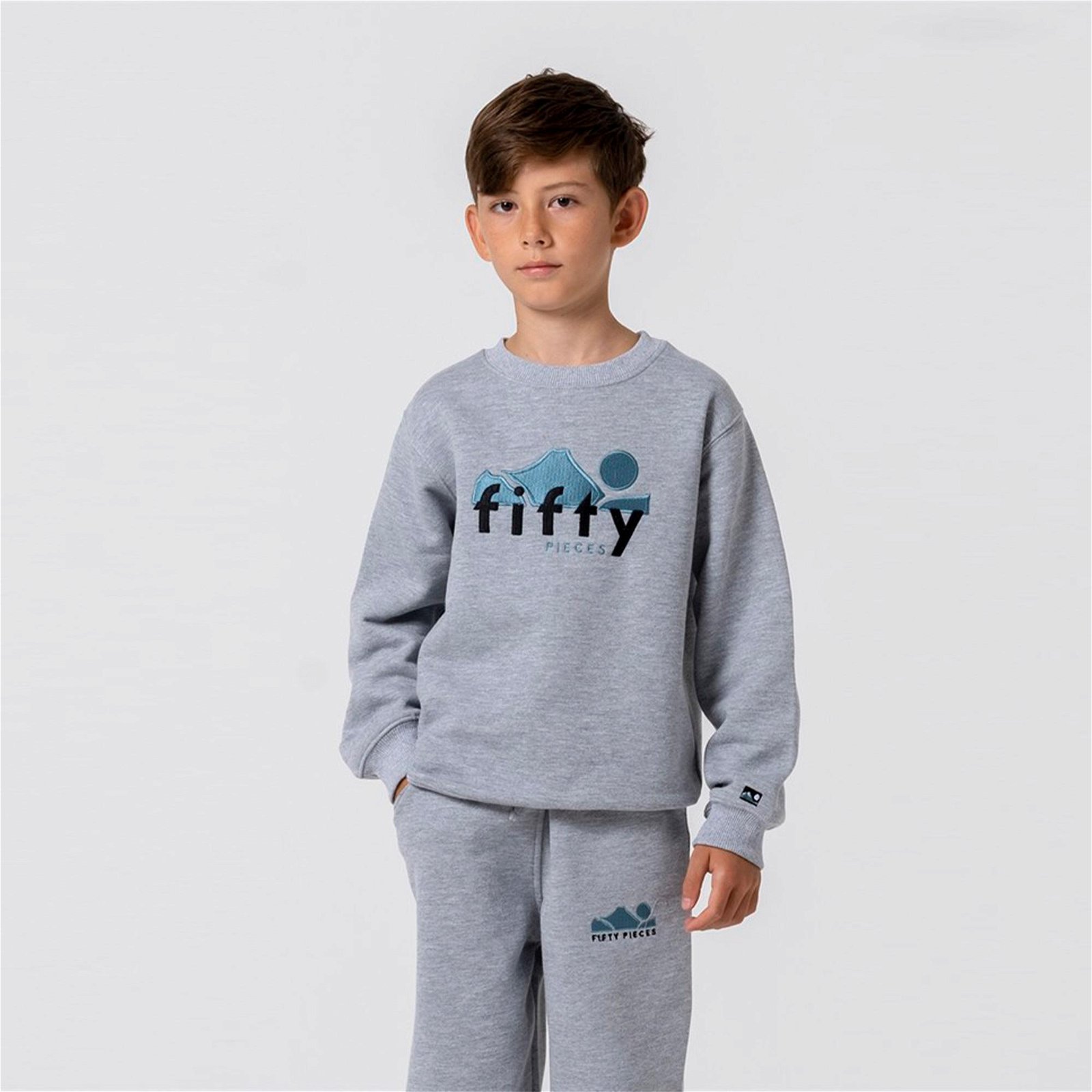 Fifty Pieces Düşük Omuzlu Çocuk Gri Melanj Sweatshirt