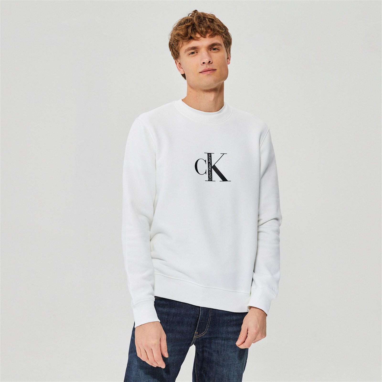 Calvin Klein institutional Crew Neck Erkek Beyaz Sweatshirt