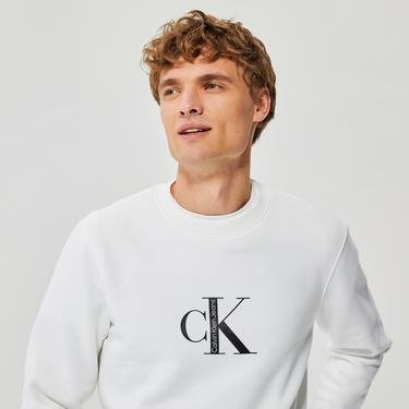  Calvin Klein institutional Crew Neck Erkek Beyaz Sweatshirt
