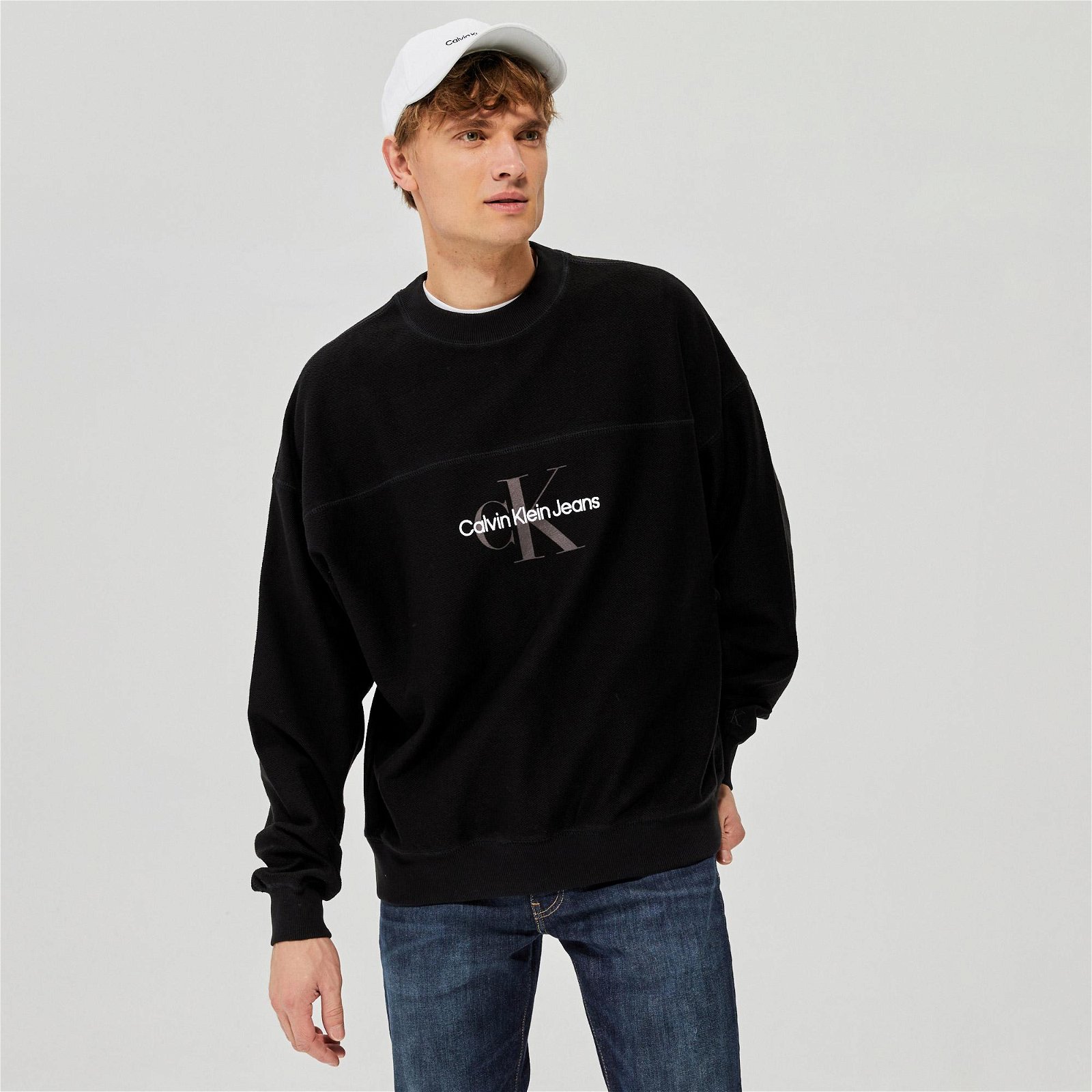 Calvin Klein Monologo Textured Crew Neck Erkek Siyah Sweatshirt