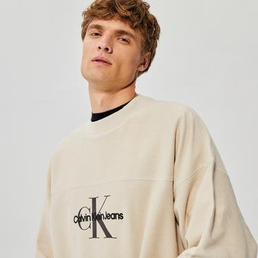  Calvin Klein Monologo Textured Crew Neck Erkek Bej Sweatshirt