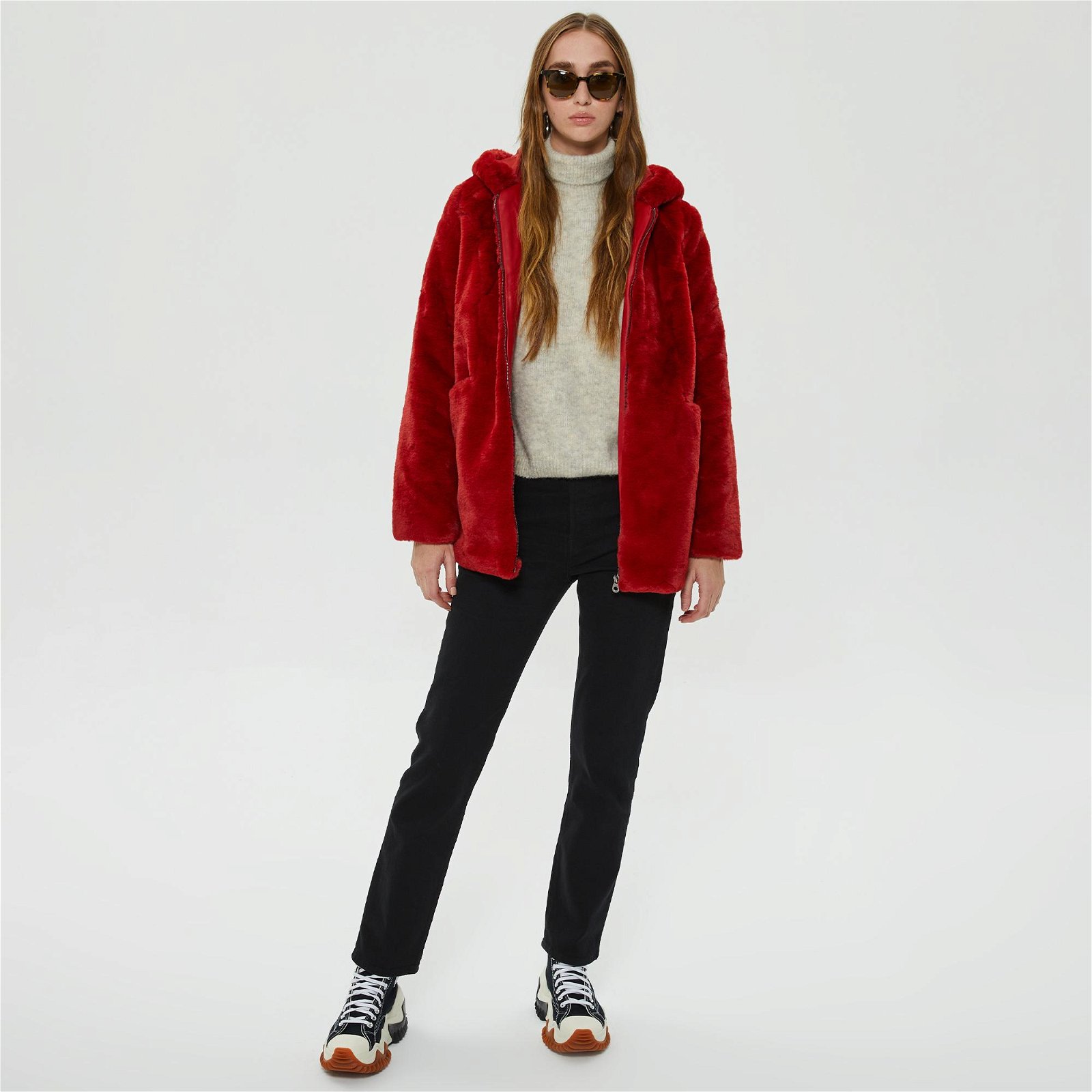 Only Onlmalou Faux Fur Coat Kadın Kırmızı Mont