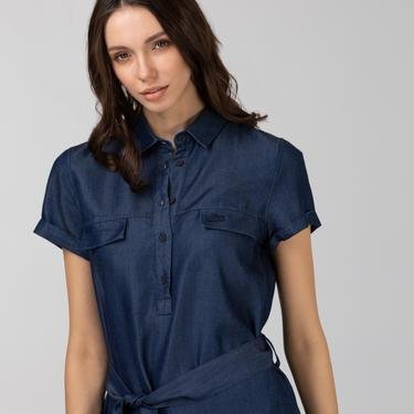  Lacoste Kadın Kısa Kollu Gömlek Yaka Denim Elbise