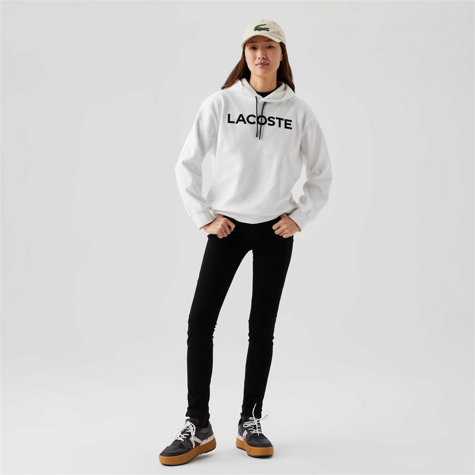 Lacoste Kadın Regular Fit Kapüşonlu Baskılı Beyaz Sweatshirt