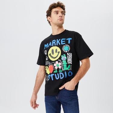  Market Smiley Collage Erkek Siyah T-Shirt