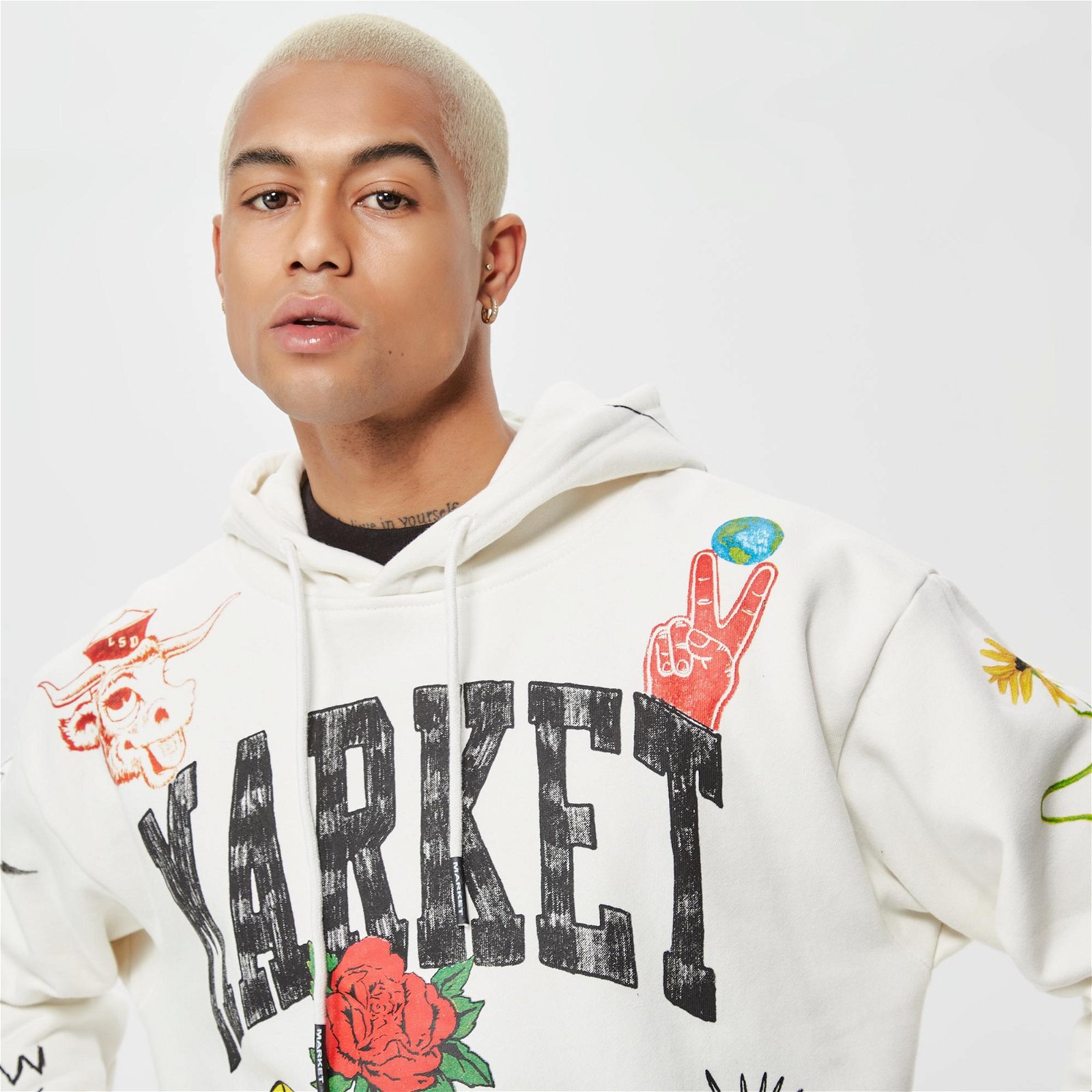 Market Varsity Hand-Drawn Erkek Krem Rengi Hoodie Sweatshirt