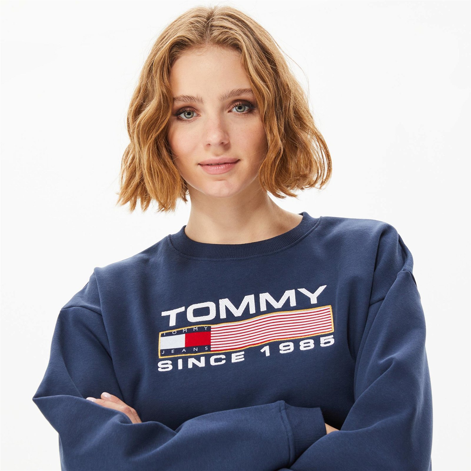 Tommy Hilfiger Super Crop Modern Ath Crew Kadın Mavi Sweatshirt