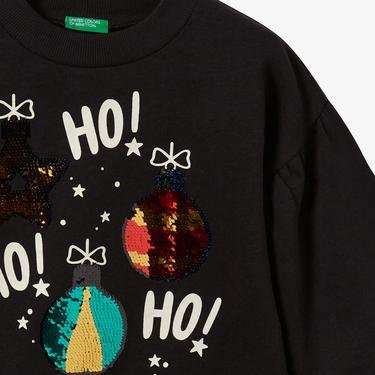  Benetton Christmas Baskılı Kolu Volanlı Çocuk Siyah Sweatshirt