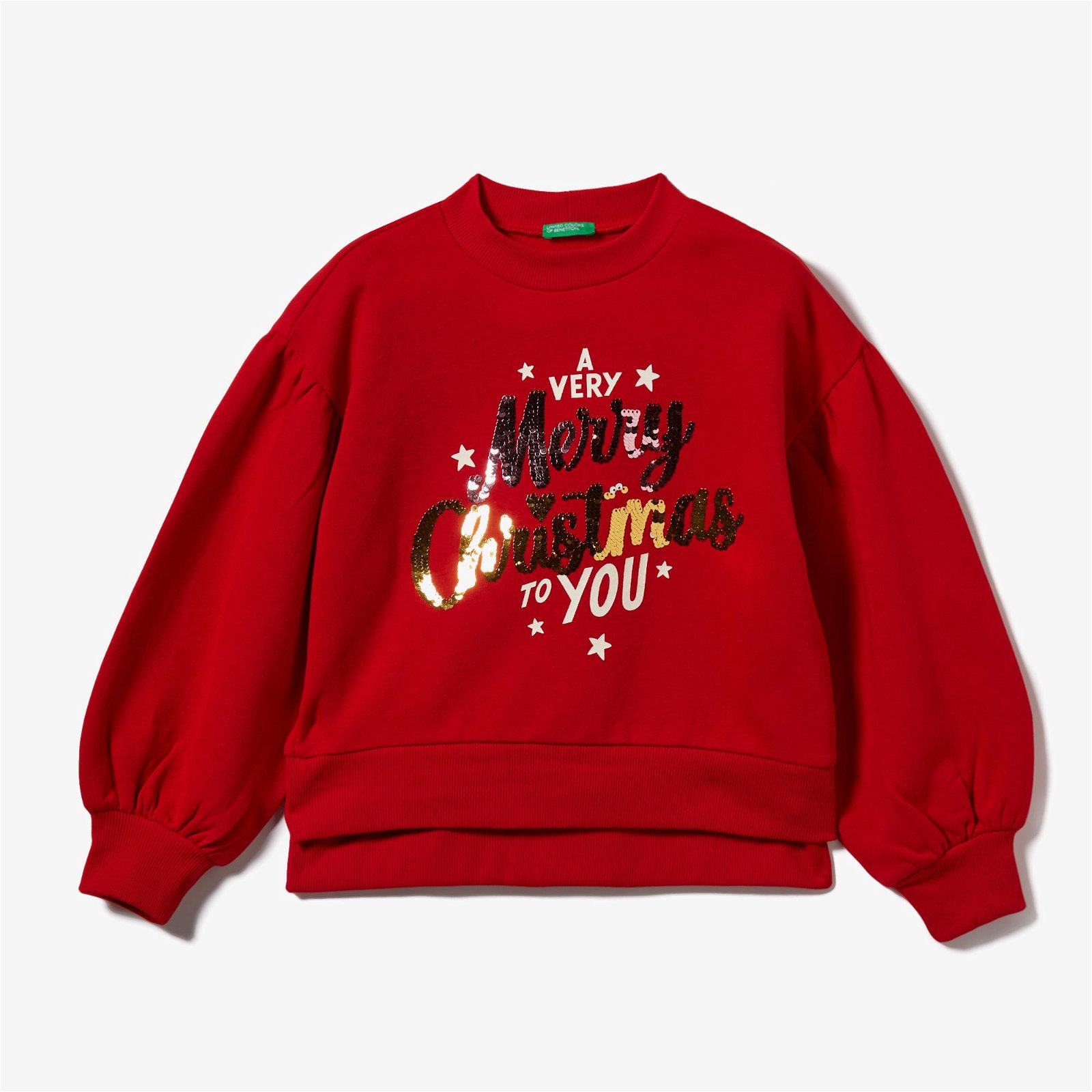 Benetton Christmas Baskılı Kolu Volanlı Çocuk Kırmızı Sweatshirt