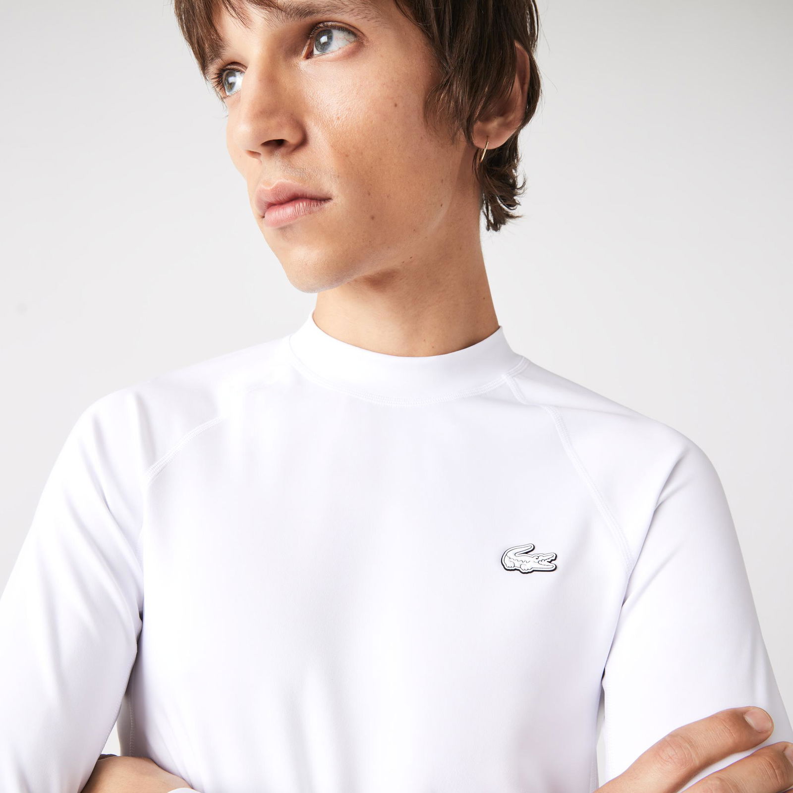 Lacoste Active Erkek Tapered Fit Uzun Kollu Bisiklet Yaka Baskılı Beyaz T-Shirt