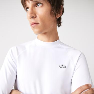  Lacoste Active Erkek Tapered Fit Uzun Kollu Bisiklet Yaka Baskılı Beyaz T-Shirt