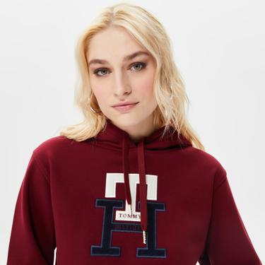  Tommy Hilfiger Large Monogram Th Hoodie Kadın Kırmızı Sweatshirt