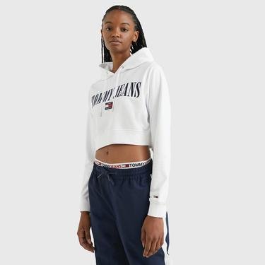  Tommy Jeans Archive Cropped Fit Double Hoody Kadın Beyaz Sweatshirt