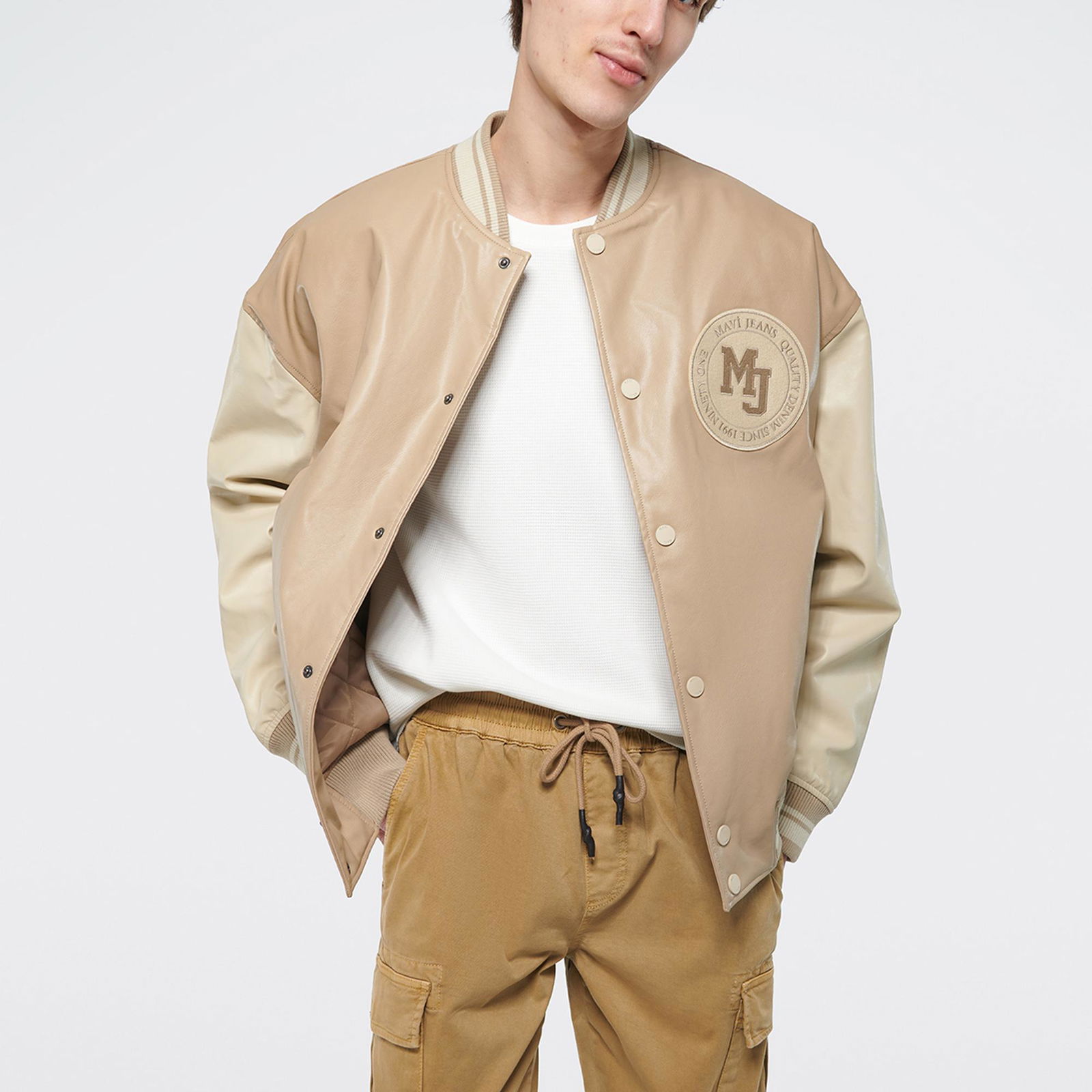 Mavi Suni Deri Bej Kolej Ceket Oversize / Geniş Kesim 0110155-70362