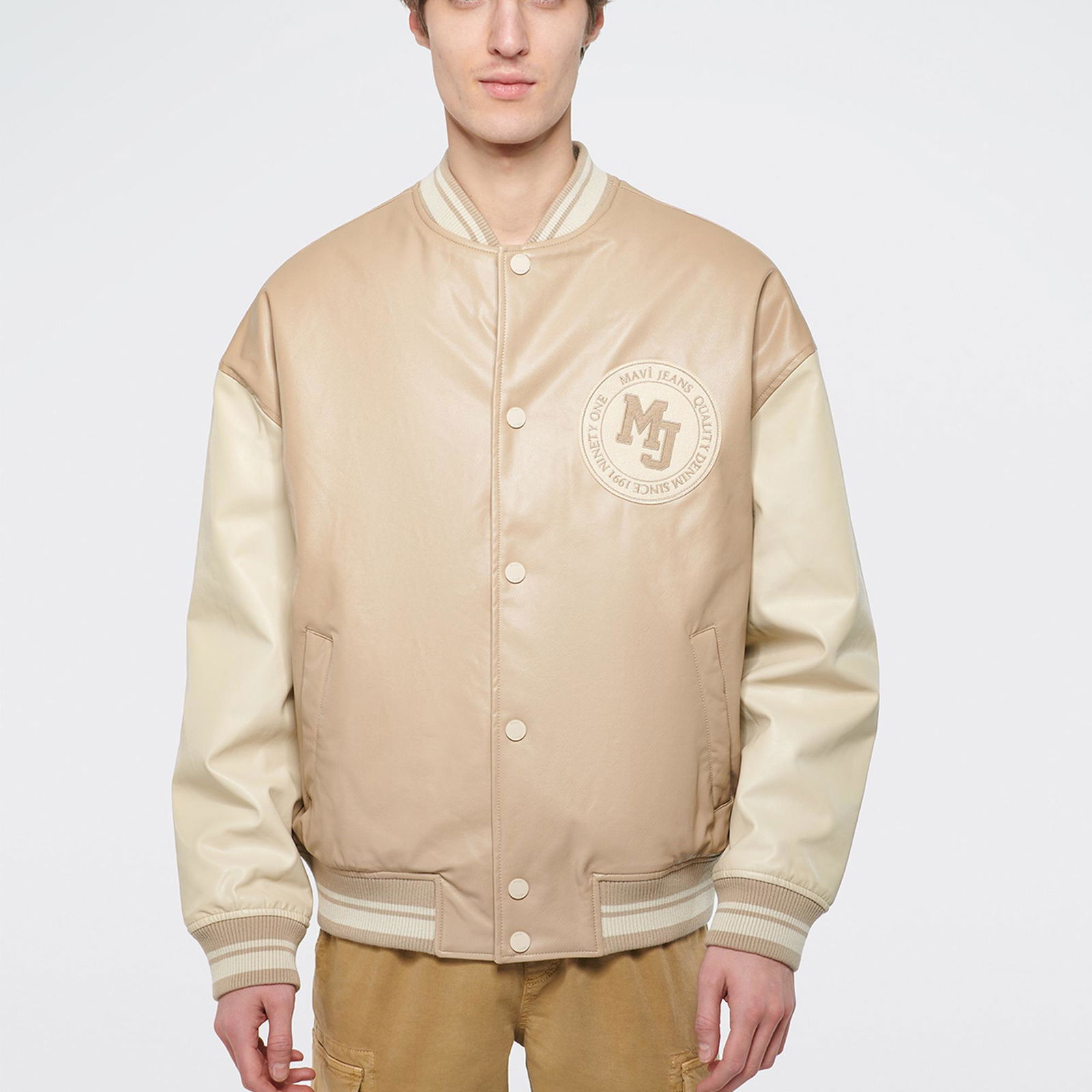 Mavi Suni Deri Bej Kolej Ceket Oversize / Geniş Kesim 0110155-70362