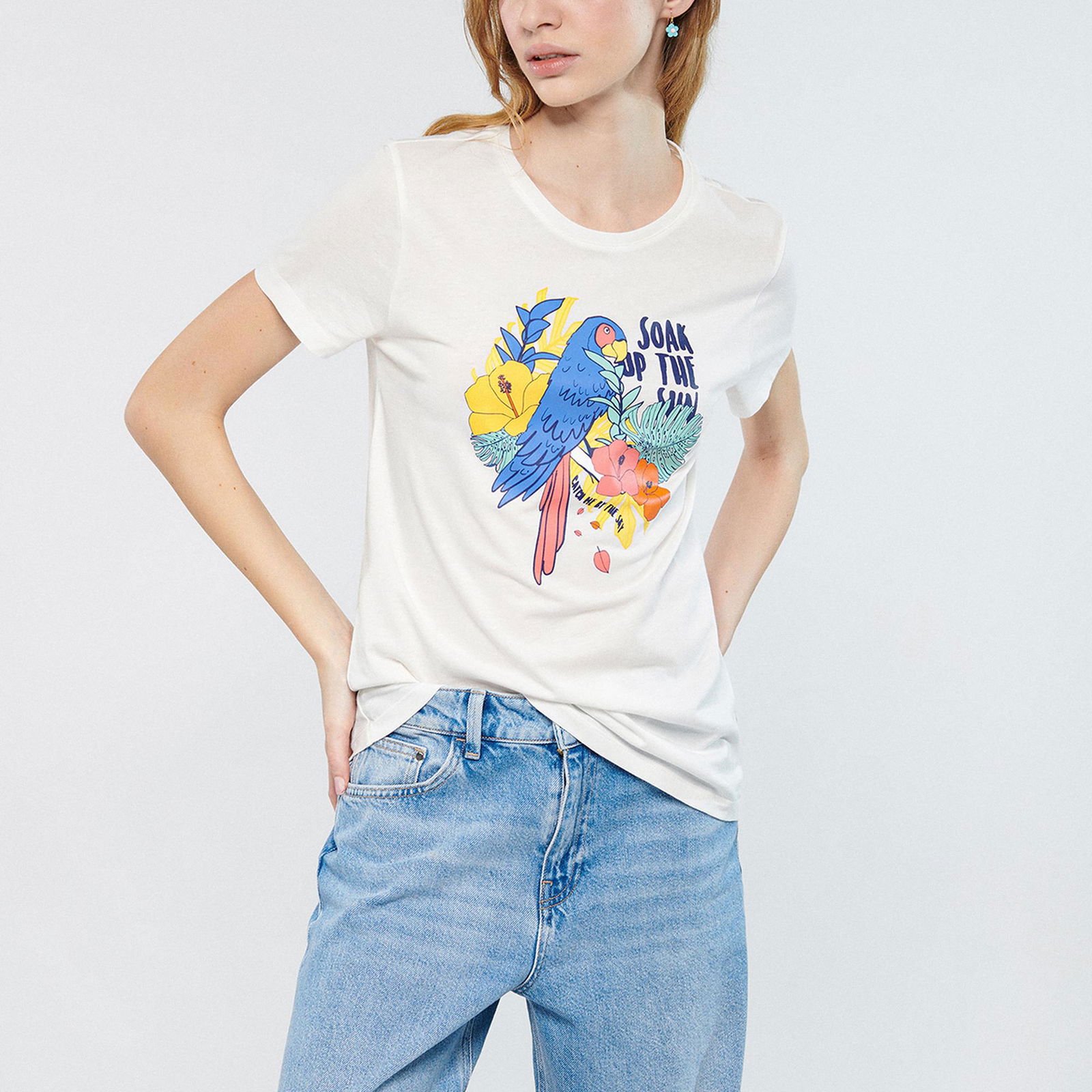 Mavi Papağan Baskılı Beyaz Tişört Slim Fit / Dar Kesim 1611426-70057