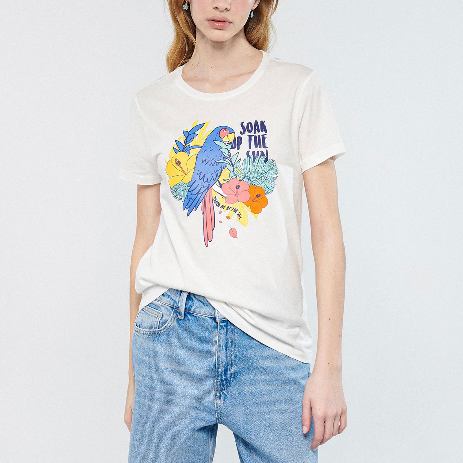Mavi Papağan Baskılı Beyaz Tişört Slim Fit / Dar Kesim 1611426-70057