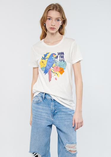  Mavi Papağan Baskılı Beyaz Tişört Slim Fit / Dar Kesim 1611426-70057
