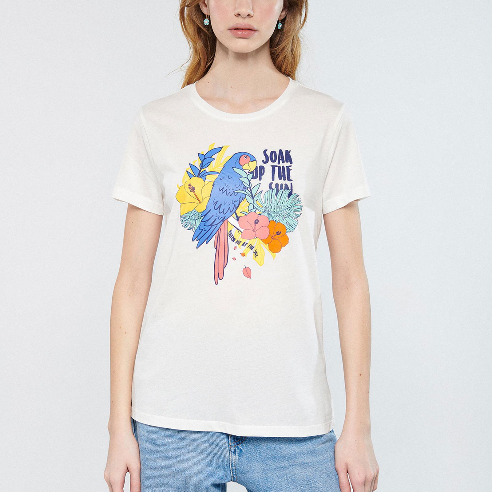 Mavi Papağan Baskılı Beyaz Tişört Slim Fit / Dar Kesim 1611426-70057