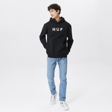  HUF Essentials Logo Erkek Siyah Hoodie Sweatshirt