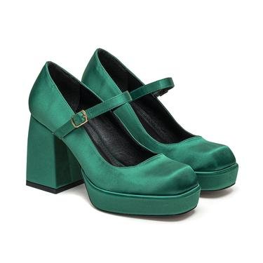  Petal Yeşil Kadın Saten Mary Jane Platform Ayakkabı