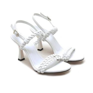  Gellano Beyaz Kadın Örgü Topuklu Sandalet