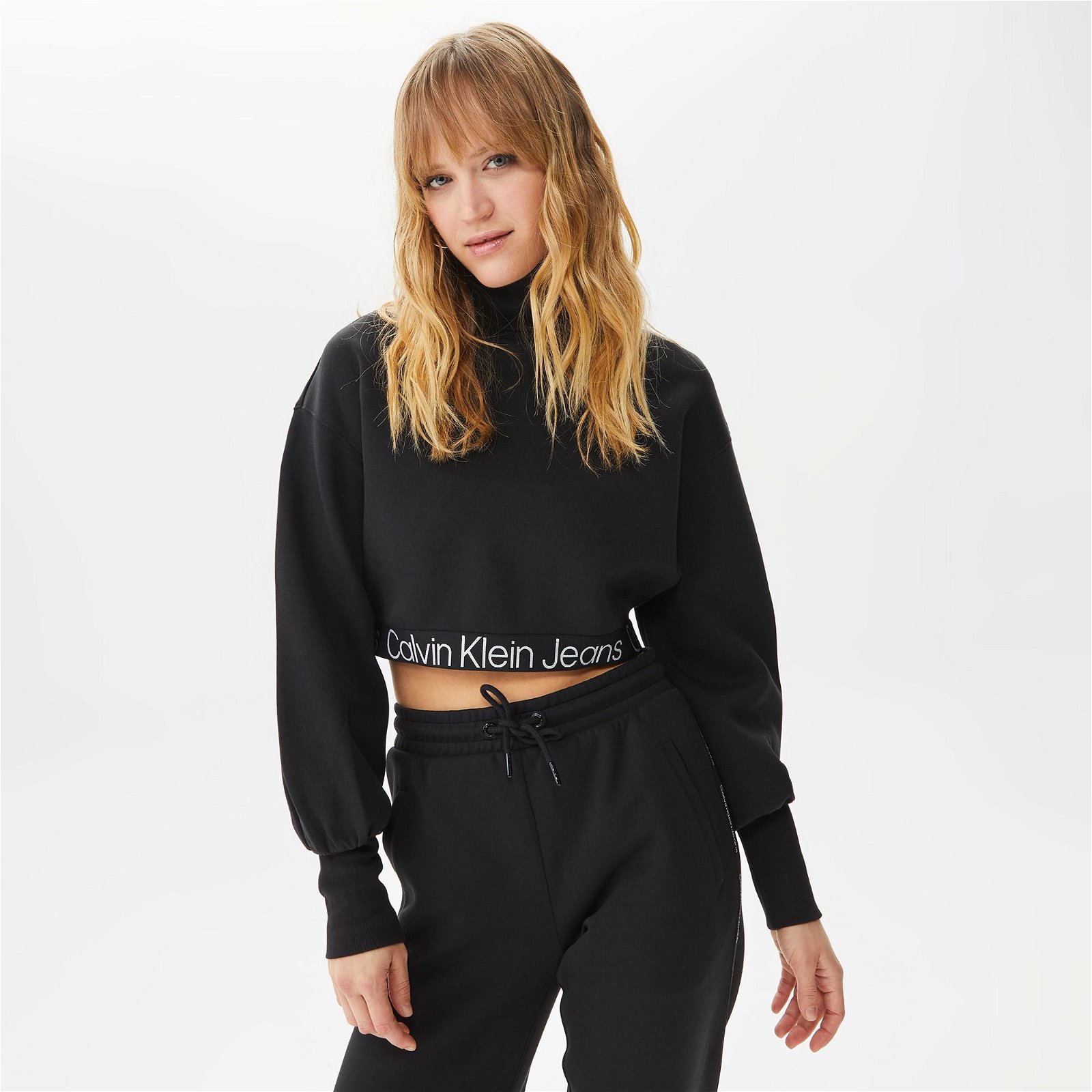 Calvin Klein Jeans Contrast Tape Loose Roll Neck Kadın Siyah Sweatshirt