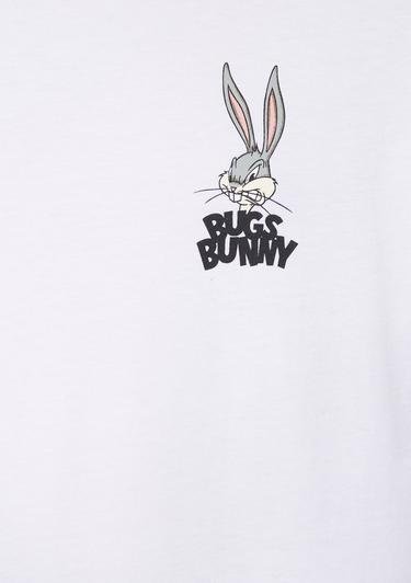  Mavi Bugs Bunny Baskılı Beyaz Tişört Loose Fit / Bol Rahat Kesim 0610636-620